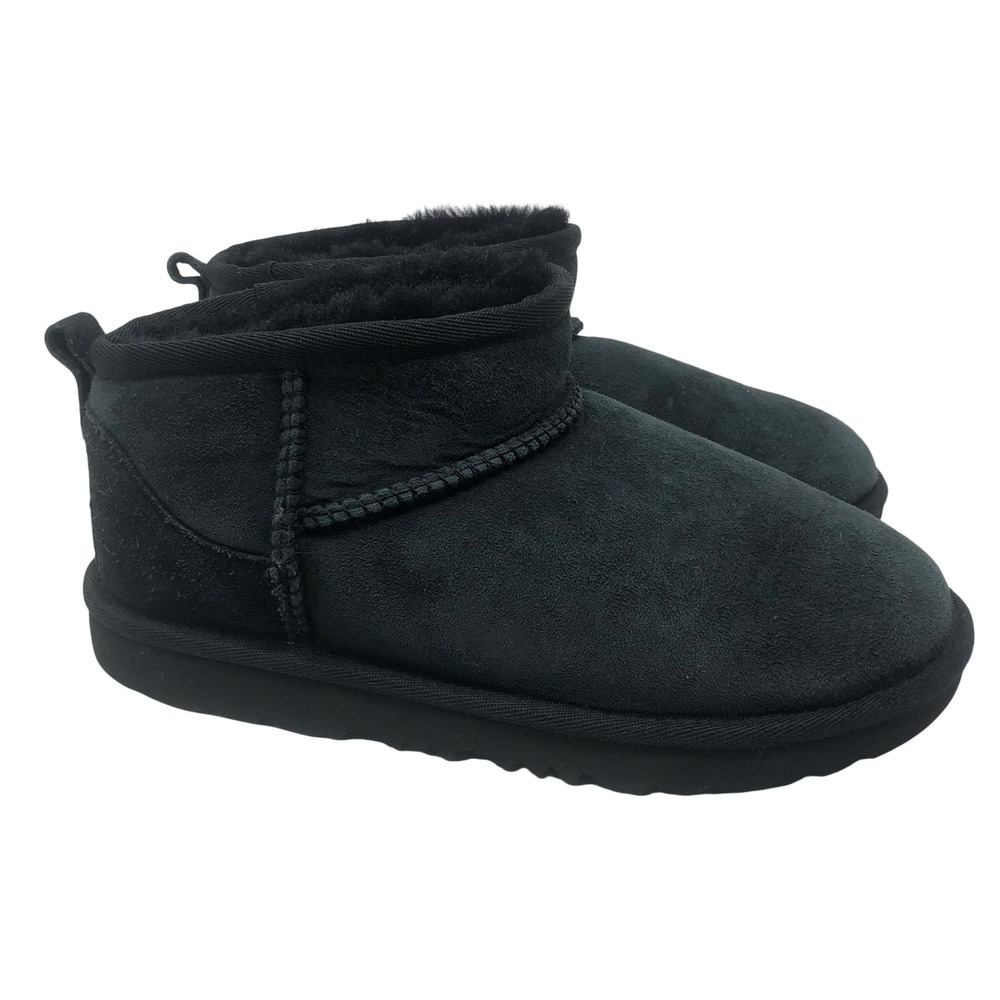 UGG Classic Ultra Mini Boots Big Girls 4 Black Suede Sheepskin Ankle Cozy Warm